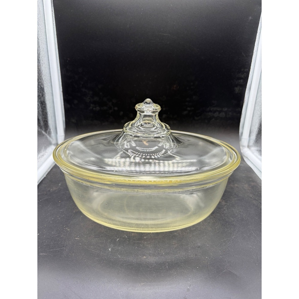 Vintage Pyrex 194 Clear Glass Oval Casserole Dish with Lid Yellow Rim Trim